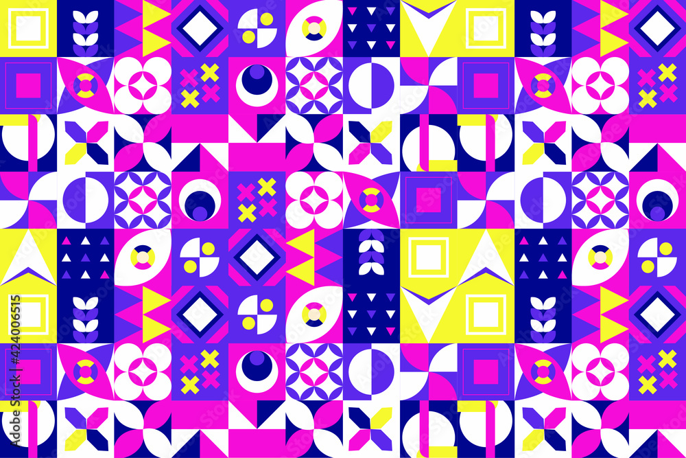 Colored neo geo background. Modern grid flyer with geometric shapes, geometry graphics. Abstract vector pattern design for web banner, business presentation, branding package, fabric print, wallpaper. Colored neo geo background. Modern grid flyer with geometric shapes, geometry graphics. Abstract vector pattern design for web banner, business presentation, branding package, fabric print, wallpaper.