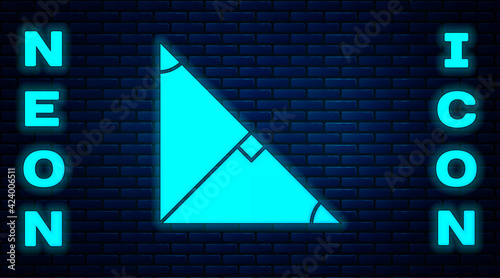 Glowing neon Angle bisector of a triangle icon isolated on brick wall background. Vector