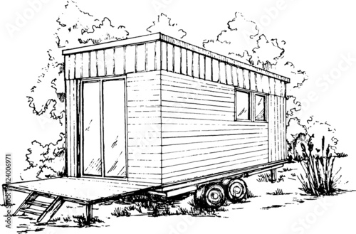 tiny house monochromatic sketch concept. highly detailed freehand drawing with trees on background