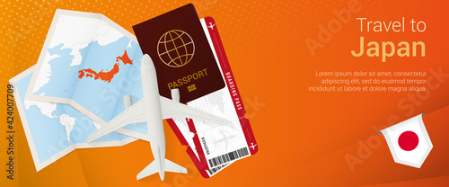 Travel to Japan pop-under banner. Trip banner with passport, tickets, airplane, boarding pass, map and flag of Japan.