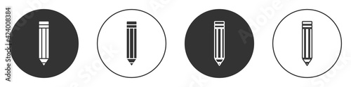 Black Pencil icon isolated on white background. Drawing and educational tools. School office symbol. Circle button. Vector