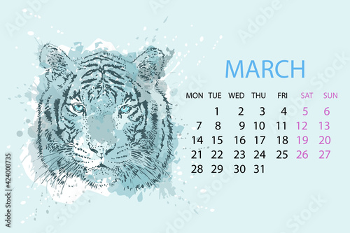 
2022 March, Calendar month with a tiger head. Contour graphics on an abstract background of imitation of watercolor texture. Vector illustration.
