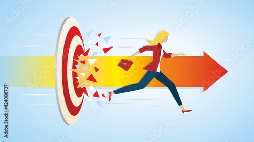 Woman running fast throug dartboard and continue along an arrow for goals. Conceptual business sucess illustration. Dimension 16:9. Vector illustration. EPS10.