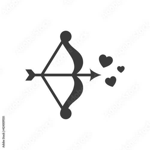 Bow, arrow and hearts black vector icon. Love, cupid and valentine symbol.