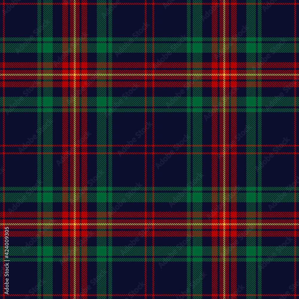 Tartan plaid pattern for Christmas. Seamless check graphic vector texture in navy blue, red, green, yellow for flannel shirt, scarf, blanket, duvet cover, other trendy winter fashion textile print.