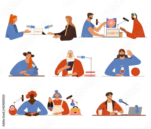 Set with people doing podcast or radio show, recording, interviewing. Vector illustration