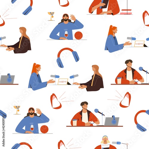 Podcast seamless pattern. Background for blogs, broadcasting, radio shows covers with headphones, microphones, people. Vector illustration