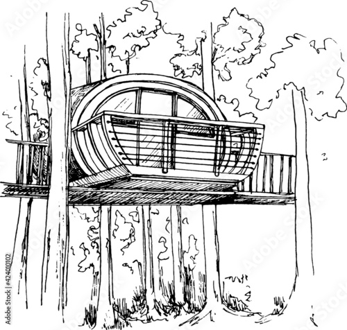 treehouse sketch in the woods black ink hand drawn funny little logo icon sign symbol picture design in retro art doodle style