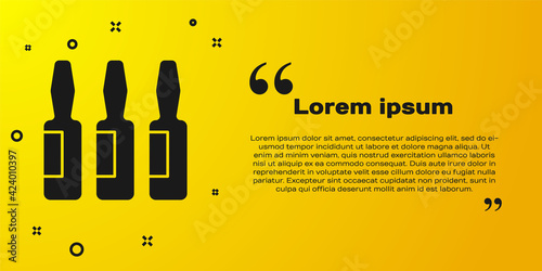 Black Medical vial, ampoule, bottle icon isolated on yellow background. Vaccination, injection, vaccine healthcare concept. Vector