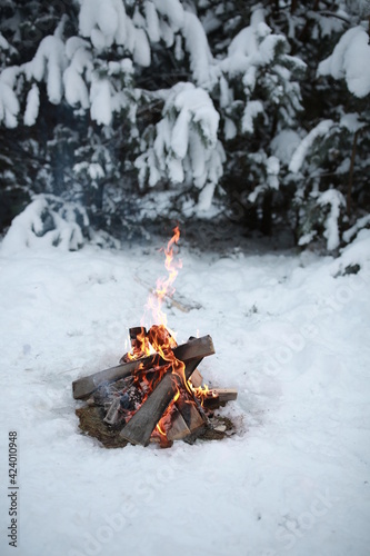 Campfire burns in the snow in the forest hill, on a background of snow covered trees and mountains campfire burning in cold winter. night fire and tent.  Flames, background photo