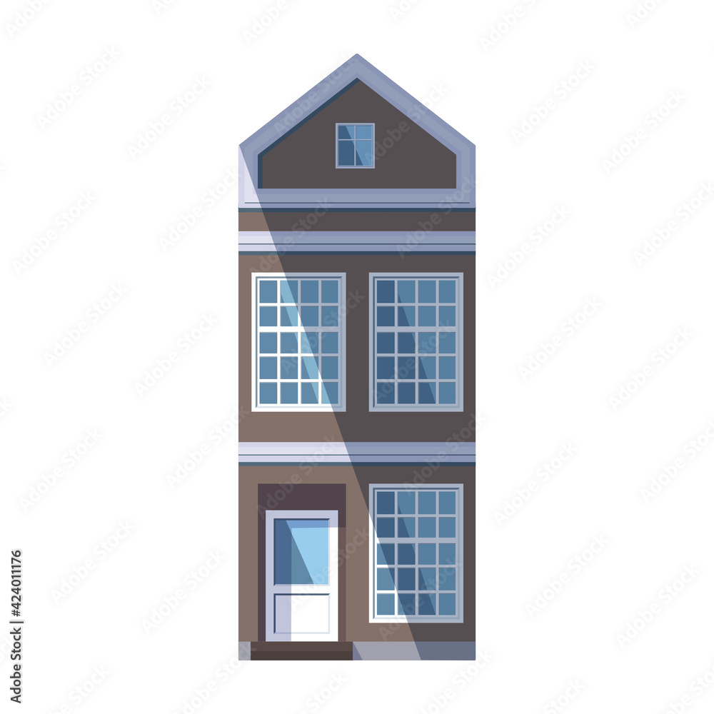 European brown old house in the traditional Dutch town style with a gable roof, square attic window and large loft-style windows. Vector illustration in the flat style isolated on a white background.