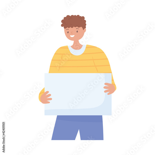 man holds sign