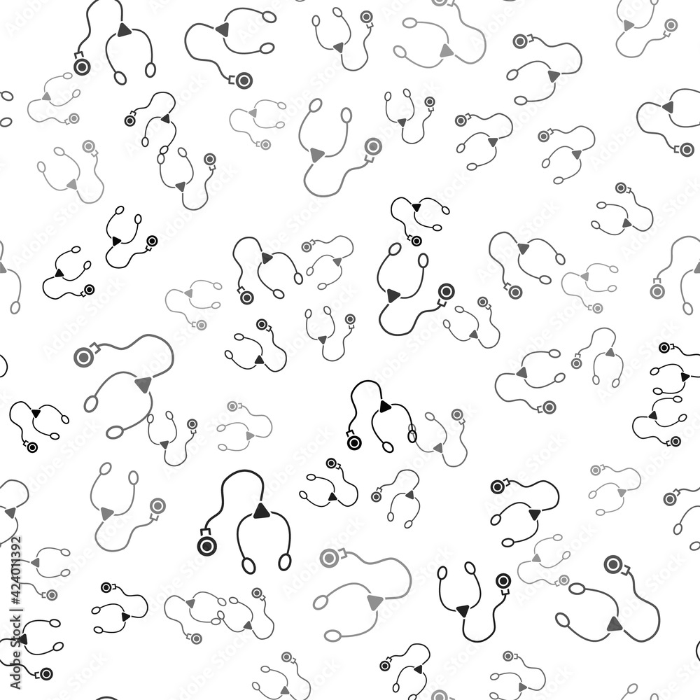 Black Stethoscope medical instrument icon isolated seamless pattern on white background. Vector