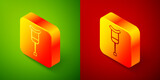 Isometric Crutch or crutches icon isolated on green and red background. Equipment for rehabilitation of people with diseases of musculoskeletal system. Square button. Vector