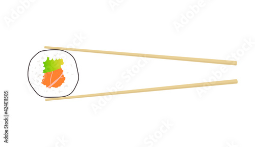 Roll with avocado and salmon holding in sticks. Vector illustration