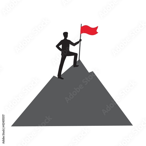 Success concept.A man with red flag stands on top of a mountain. Winner.Number one.Symbol of success.Winning from competitors. Isolated stock vector illustration on a white background.