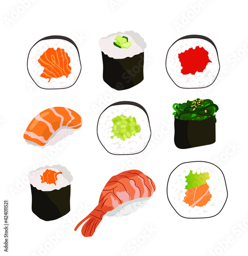 Sushi set isolated on the white background. Vector icon set of sushi and sashimi. Asian food.