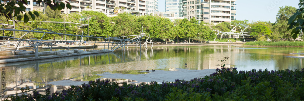 An artificial reservoir in a city park. Resting place for the townspeople and embracing birds. Barcelona, Spain, Diagonal Mar Park.