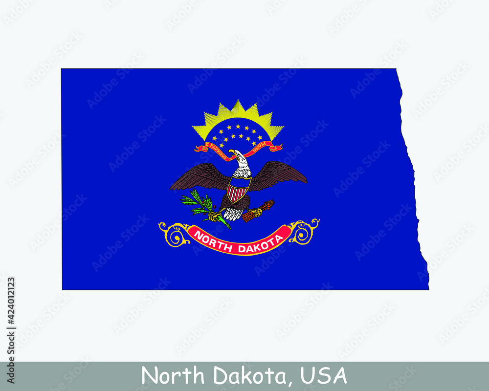 North Dakota Map Flag. Map of ND, USA with the state flag isolated on white background. United States, America, American, United States of America, US State. Vector illustration.
