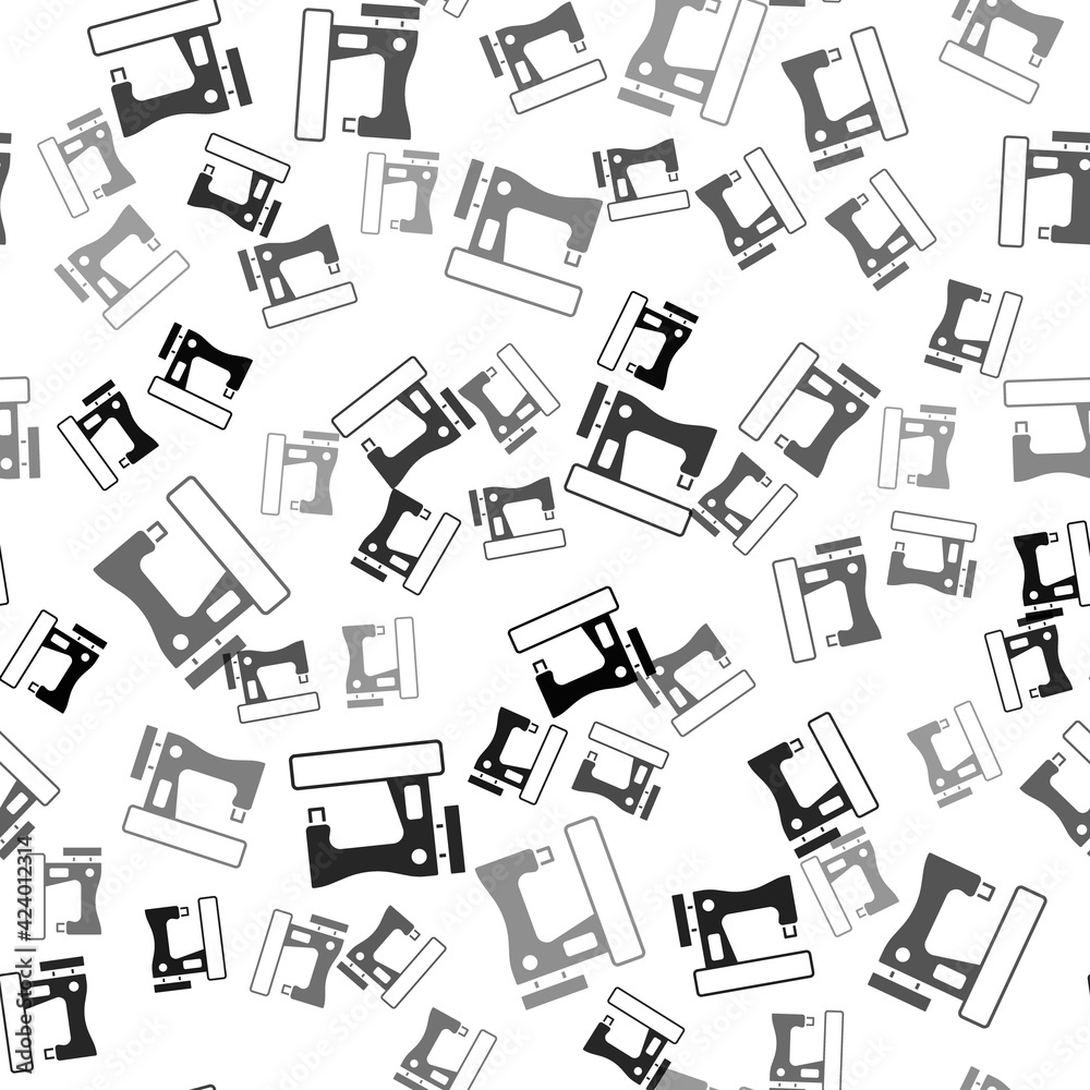 Black Sewing machine icon isolated seamless pattern on white background. Vector