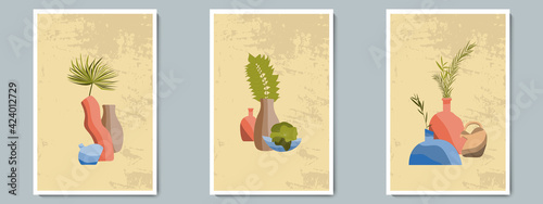 Hand Draw Pottery Vase Set with Tropical Plants. Trendy Collage for Decoration in Greek Style.
