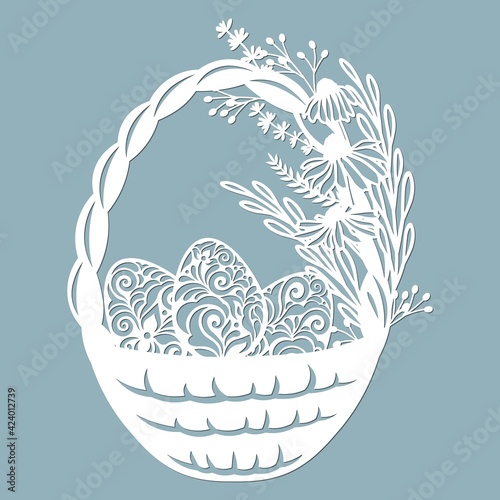 Easter basket with egg grass, leaves, flowers. Vector illustration. Easter eggs for Easter holidays. Paper sticker. Laser cut. Vector illustration. Pattern for the laser cut, potter and screen