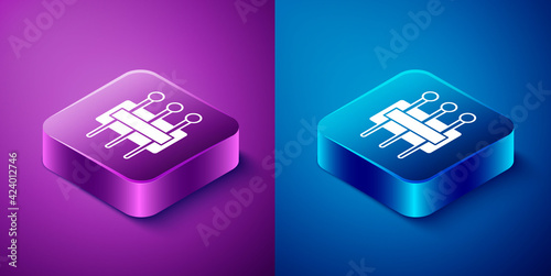Isometric Needle for sewing icon isolated on blue and purple background. Tailor symbol. Textile sew up craft sign. Embroidery tool. Square button. Vector