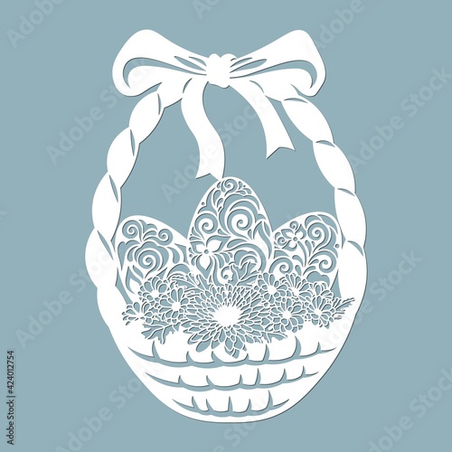 Easter basket with egg grass, leaves, flowers. Vector illustration. Easter eggs for Easter holidays. Paper sticker. Laser cut. Vector illustration. Pattern for the laser cut, potter and screen
