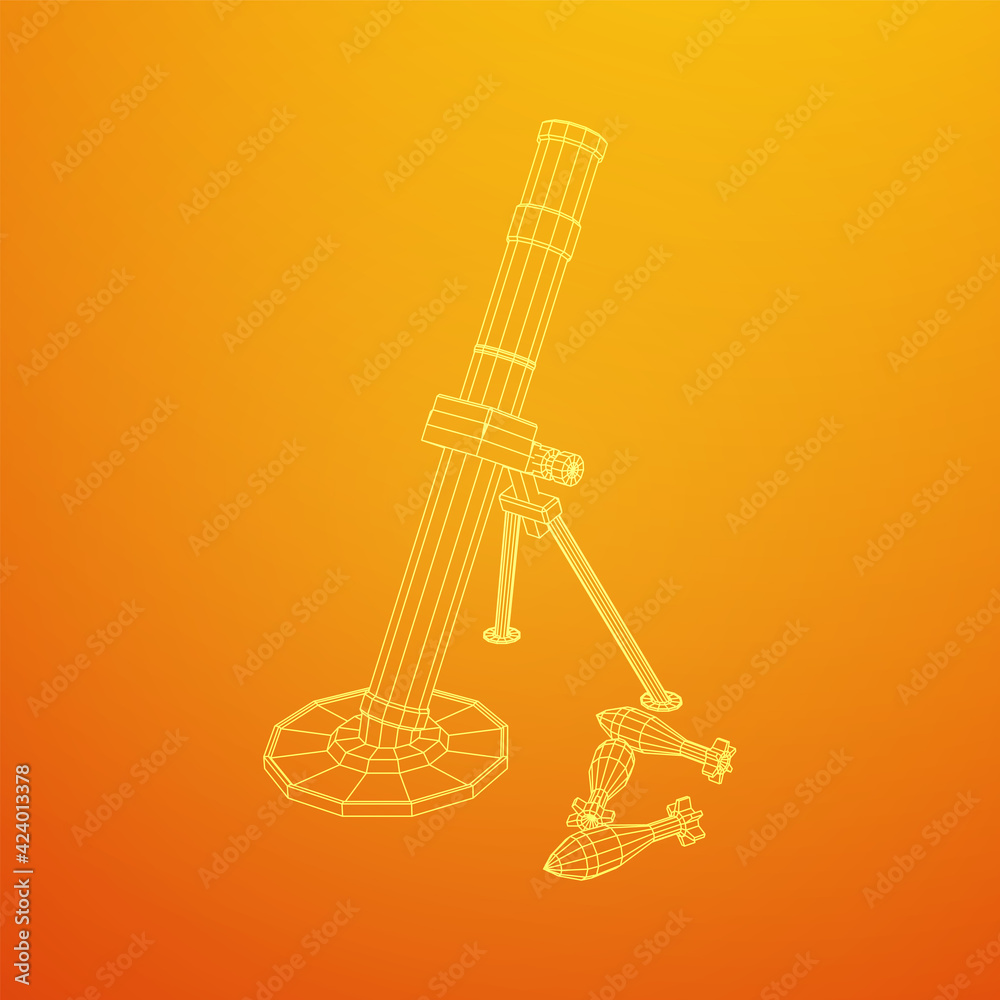 Firearm weapon army mortar and mine. Wireframe low poly Firearm weapon army mortar and mine. Wireframe low poly