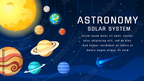 Space, Astronomy banner vector template. Stars, Planet, planetarium. Solar system vector illustration.
