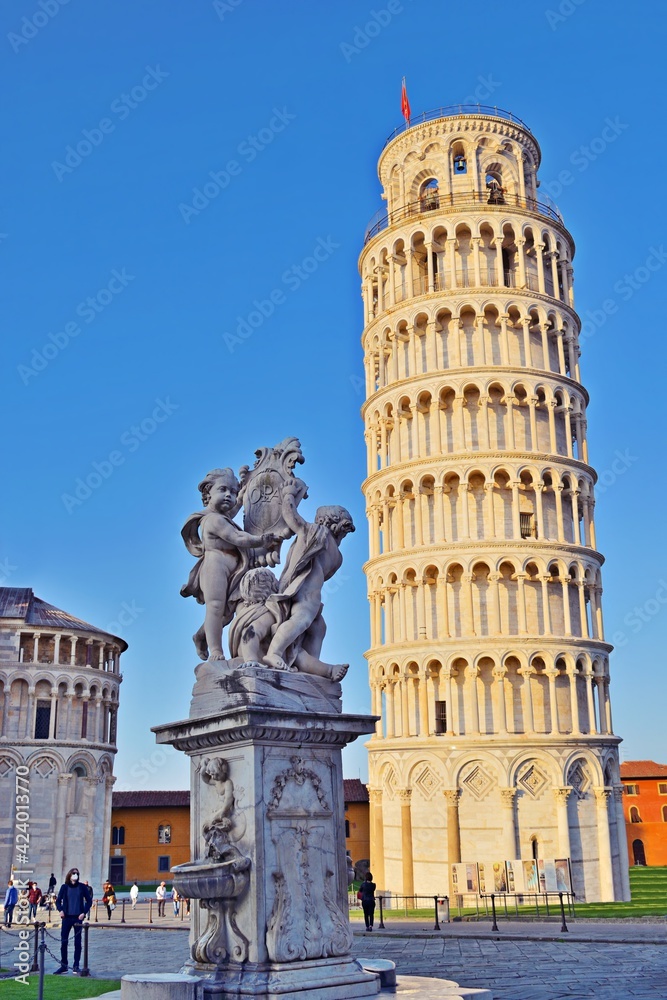 landscape of Piazza del Duomo also known as Piazza dei Miracoli in the city of Pisa in Tuscany, Italy