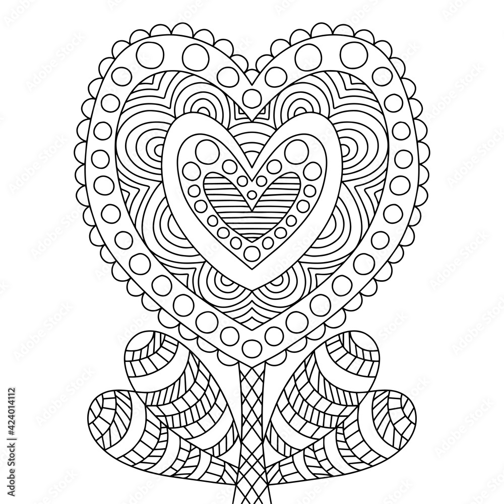 Heart shaped flower coloring page for adults stock vector illustration