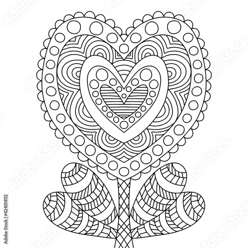Heart shaped flower coloring page for adults stock vector illustration. Ornamental symmetry floral zen art illustration for printing, coloring and fun. Romantic flower black outline white isolated