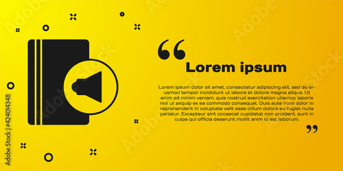 Black Audio book icon isolated on yellow background. Book with headphones. Audio guide sign. Online learning concept. Vector
