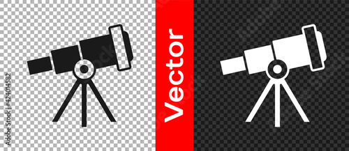 Black Telescope icon isolated on transparent background. Scientific tool. Education and astronomy element, spyglass and study stars. Vector