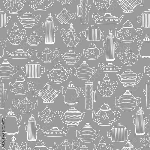 Teapot pattern. Hand drawn sketch style teapots on grey background. Ink art kettle print. Tea time backdrop. Teapot silhouette. Hand draw teapot fabric, textile templete. Chalk style drawn tea pot.