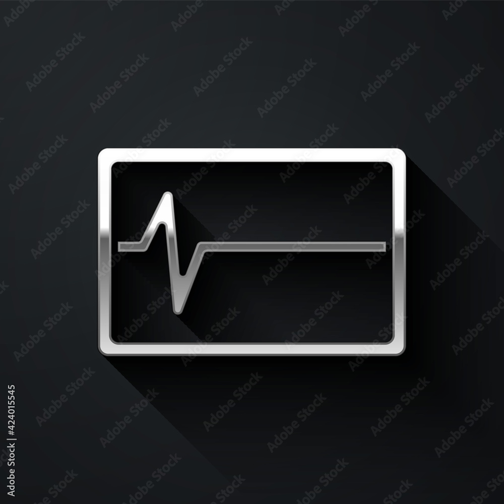Silver Beat dead in monitor icon isolated on black background. ECG showing death. Long shadow style. Vector Silver Beat dead in monitor icon isolated on black background. ECG showing death. Long shadow style. Vector