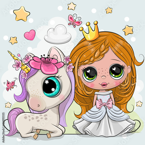 Cute Cartoon fairy tale Princess and Unicorn