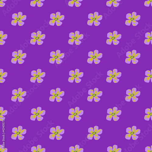 Spring time seamless pattern with hand drawn botany flower buds print on bright purple background.