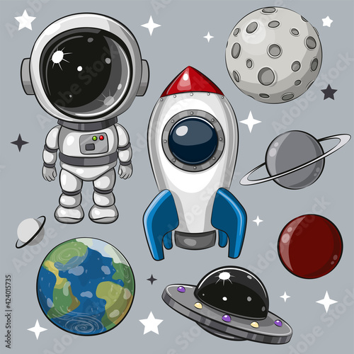 Set of astronaut, rocket and planets