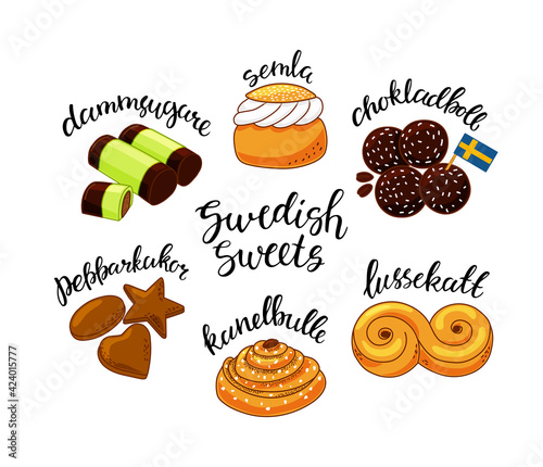 Traditional swedish sweets set. Vector illustration in the cartoon style.