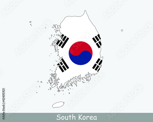 South Korea Flag Map. Map of the Republic of Korea with the Korean national flag isolated on a white background. Vector Illustration.