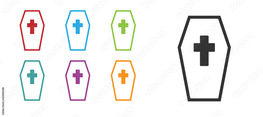 Black Coffin with christian cross icon isolated on white background. Happy Halloween party. Set icons colorful. Vector Black Coffin with christian cross icon isolated on white background. Happy Halloween party. Set icons colorful. Vector