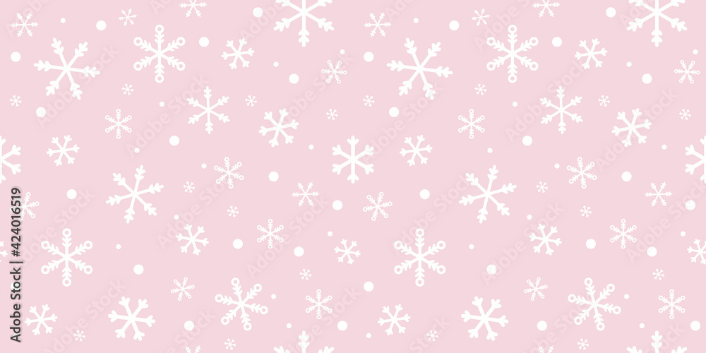 Pink and white snowflakes vector pattern background
