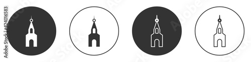 Black Church building icon isolated on white background. Christian Church. Religion of church. Circle button. Vector