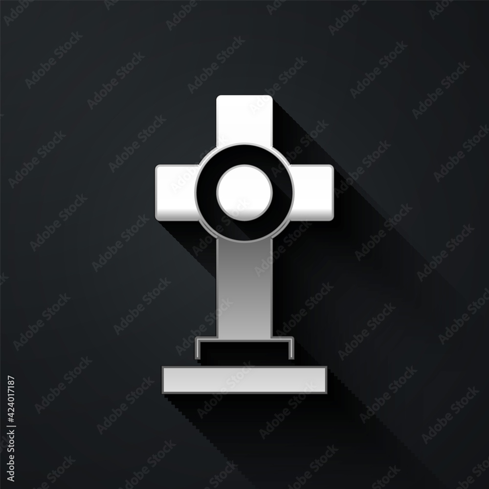 Silver Grave with cross icon isolated on black background. Long shadow style. Vector Silver Grave with cross icon isolated on black background. Long shadow style. Vector