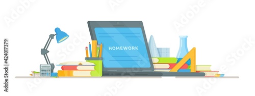 Online Learning. Vector illustration of doing homework. Each student's workspace. School, study, institute, knowledge. photo