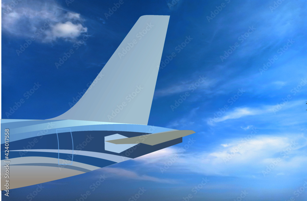 The tail of the airplane such as vertical stabilizer, horizontal stabilizer, and empennage. Blue tone color fuselage patterns. Airplane with blue sky and cloud background and copy space. The tail of the airplane such as vertical stabilizer, horizontal stabilizer, and empennage. Blue tone color fuselage patterns. Airplane with blue sky and cloud background and copy space.