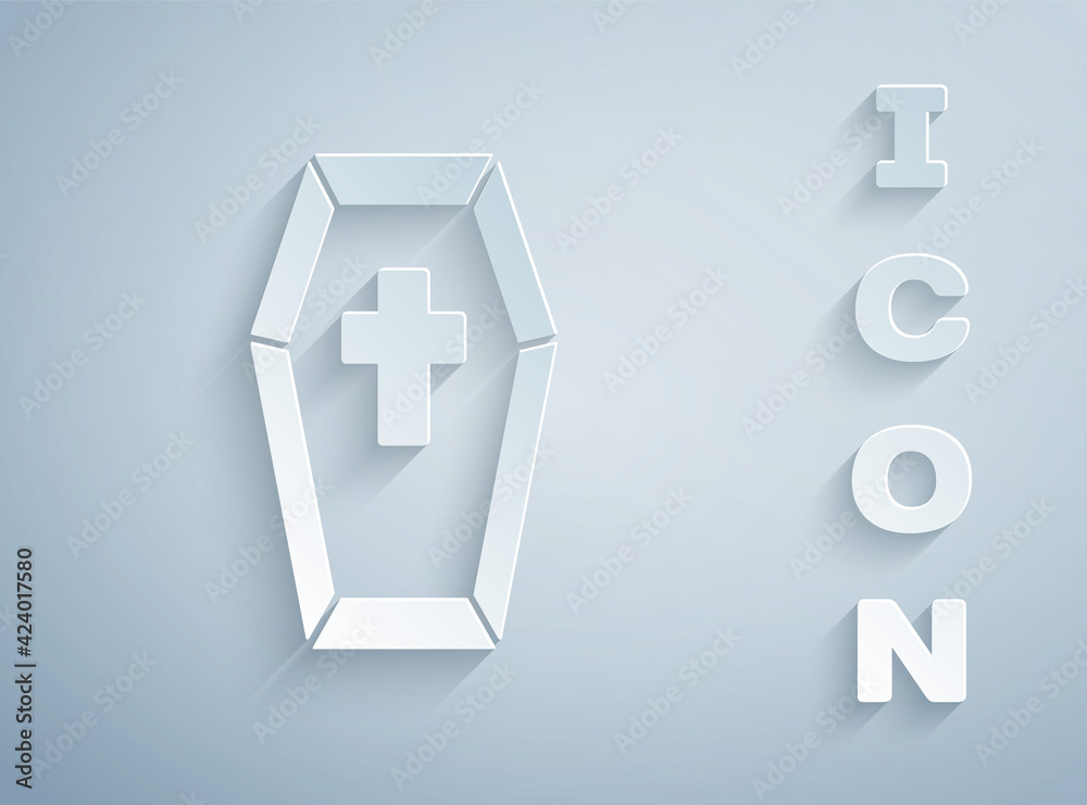 Paper cut Coffin with christian cross icon isolated on grey background. Happy Halloween party. Paper art style. Vector Paper cut Coffin with christian cross icon isolated on grey background. Happy Halloween party. Paper art style. Vector