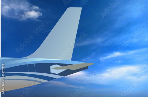 The tail of the airplane such as vertical stabilizer, horizontal stabilizer, and empennage. Blue tone color fuselage patterns. Airplane with blue sky and cloud background and copy space.